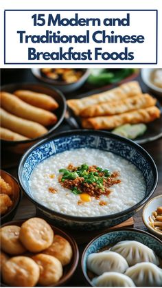 A vibrant display of traditional Chinese breakfast foods including congee, crispy youtiao, jianbing, and baozi, showcasing a mix of textures and flavors. Vietnamese Breakfast Ideas, Chinese Breakfast Aesthetic, Chinese Breakfast Traditional, Traditional Chinese Recipes, Chinese Breakfast Recipes, Congee Recipe Breakfast, Asian Breakfast Recipes, Traditional Chinese Food Recipes, Vietnamese Breakfast