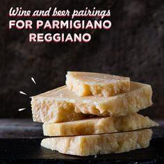 three pieces of food sitting on top of a black surface with the words wine and bar paintings for parmigiano reggano