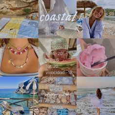 a collage of photos with the words coast written in different languages and pictures of people at the beach