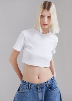 Nico Cropped Tee - White Stretch Knit Top With Ribbed Collar, Cotton Crew Neck Top With Ribbing, Summer Crew Neck Top With Ribbing, Summer Ribbed Crew Neck Top, Basic Ribbed Cropped T-shirt, Casual White Ribbed Tops, Everyday Relaxed Fit Ribbed Tops, Everyday White Ribbed Top, Basic Cotton Tops With Ribbing