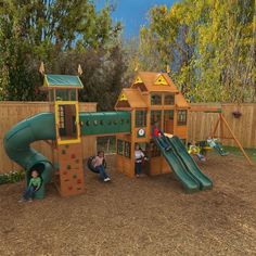 children playing in a backyard with a wooden play structure and slide set, surrounded by wood slats