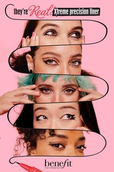 an advertisement for benefit cosmetics with four different women's eyes