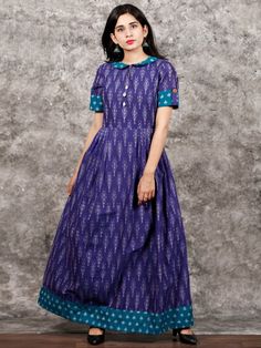 Ikat Kurti, Pochampally Dress, Long Cotton Dress, Kalamkari Dresses, Ikkat Dresses, Dresses Cotton, Kids Blouse Designs, Ikat Dress, Long Gown Dress