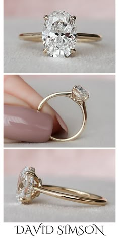 three different views of an engagement ring with diamonds on the side and in between them