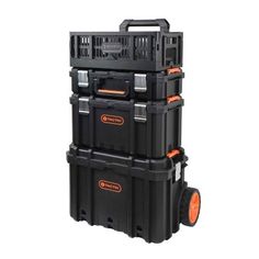 three black plastic storage containers stacked on top of each other with orange rims and wheels