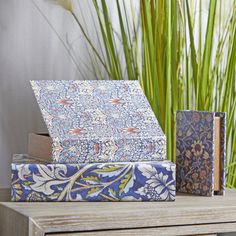 two books sitting on top of a wooden table next to some tall green planters