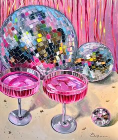 a painting of two martini glasses with disco balls in the background