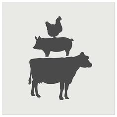 three cows standing next to each other in front of a chicken and hen silhouettes