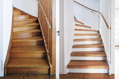 two pictures of a wooden staircase with white walls and wood flooring