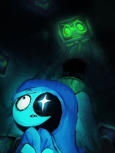 a cartoon character is staring at something in the dark with green lights behind him and his eyes glowing