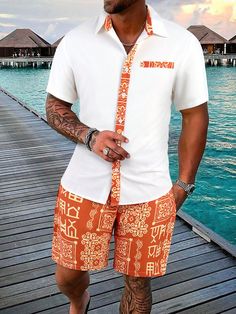 Multicolor Casual Collar Short Sleeve  Tribal  Embellished Non-Stretch Summer Men Clothing African Wear For Men, African Print Shirt, Stylish Shirts Men, African Wear Styles For Men, African Attire For Men, Latest African Men Fashion, Mens Summer Outfits, Afrikaanse Mode