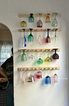 Living Room Drink Station, Kitchen Counter Aesthetic Apartment, Cool Kitchen Aesthetic, Minimal But Colorful, Wine Glass Rack Wall, Apartment Bathroom Diy Rental, Studio Hacks Small Apartments, Colorful Aesthetic Kitchen, Kitchen Apt Decor