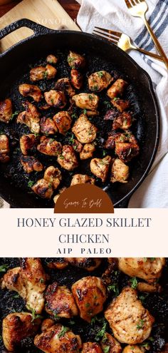 honey glazed skillet chicken in a cast iron pan