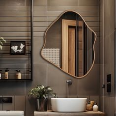 a bathroom with a sink, mirror and shelves on the wall next to each other