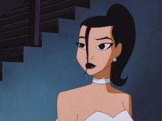 an animated image of a woman in a white dress standing next to some stairs and looking at the camera