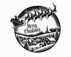 a black and white christmas scene with santa's sleigh flying through the sky