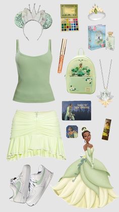 the princess and the frog costume is shown with accessories, including shoes, purses, and other items