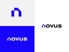 the logo for nous is shown in blue and white