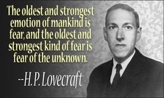 a man in a suit and tie with a quote from h p lovecraft