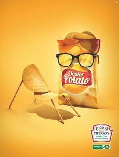 a bag of potato chips sitting next to a pair of glasses on top of a yellow background