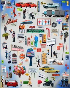 a poster with many different types of signs and people in the city, including cars