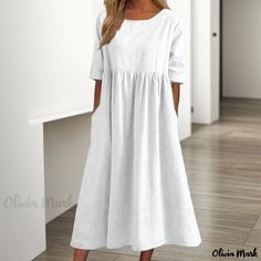 Olivia Mark - Classic Round Neck Half-Sleeve Loose-Fit Long Monochrome Cotton Linen Dress Cotton Linen Dresses, Neckline Dress, Linen Casual, Solid Color Dress, Linen Short, Round Neck Dresses, Weave Style, Cotton Midi Dress, Large Dress