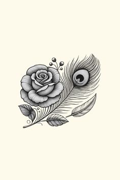 a black and white drawing of a rose with feathers