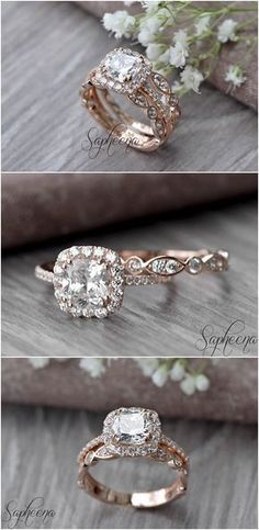 three different types of wedding rings with diamonds on them and the names of each ring