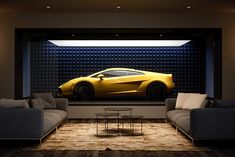 a yellow sports car is on display in a room with two couches and a coffee table