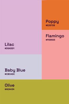 the color scheme for baby blue, poppy and flamingo is shown in three different colors