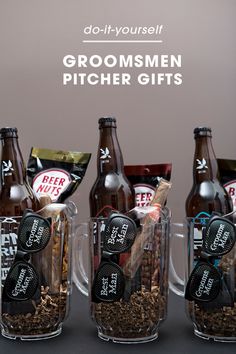 three beer bottles filled with different types of gifts