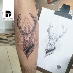 a deer tattoo on the left arm and an image of a deer with a heart in its antlers