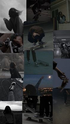 a collage of skateboarders doing different things in black and white photos, including one person on a skateboard