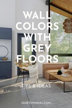 a living room with white walls and grey flooring is featured in the article, wall colors with grey floors