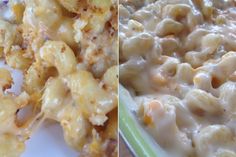 two different views of macaroni and cheese on a plate