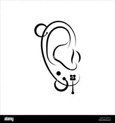 an ear with a flower in the middle on a white background, black and white illustration - stock image