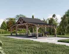 a gazebo in the middle of a park with benches and grilling area next to it