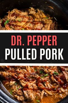 the crock pot is filled with pulled pork