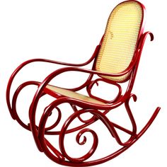 a red rocking chair with a yellow seat and back cushion on an isolated white background