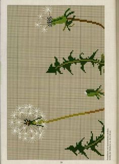 a cross stitch pattern with dandelions and leaves on the bottom half of it