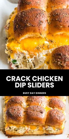 the chicken dip sliders have been cut in half and are ready to be eaten