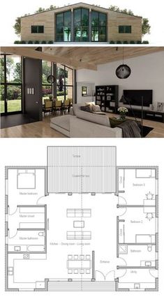 the floor plan for a modern house with lots of windows and doors, including an open living