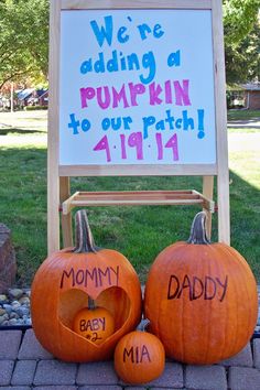 two pumpkins sitting in front of a sign that says we're adding a pumpkin to our birth