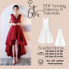 a woman in a red dress standing next to a wall with the text, sewing patterns and