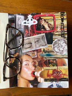 an open magazine with pictures and glasses on it