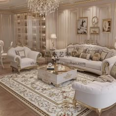 an elegant living room with white couches and gold trimmings on the walls