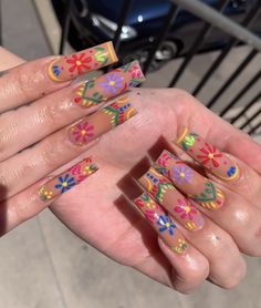 3d Flower Nails Mexican, Spring Nails 2024 Long, Colombia Inspired Nails, Cantaritos Nails, Barro Nail Design, Mexican Embroidery Nails, Mexican Pottery Nails, Mexican Flower Nails, Fiesta Nails Designs