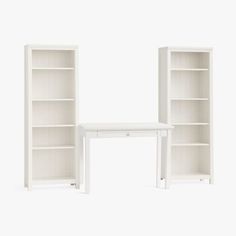 two white bookshelves and a desk against a white background