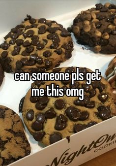 some chocolate chip cookies in a box with the words can someone pls get me this omg