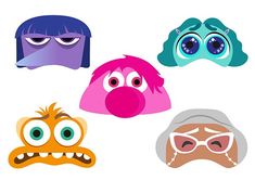 four different colored cartoon faces with eyes and nose shapes, one in the shape of a monster